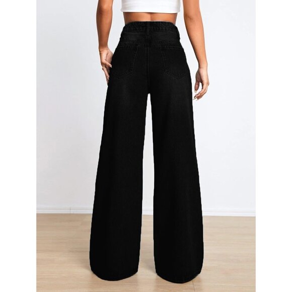 Distressed Wide Leg Jeans Women's High Waisted Ripped Casual Denim Pants - Picture 4 of 6